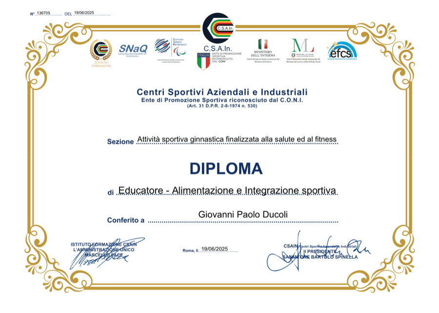 Diploma Nazionale Educatore - Alimentazione e Integrazione Sportiva